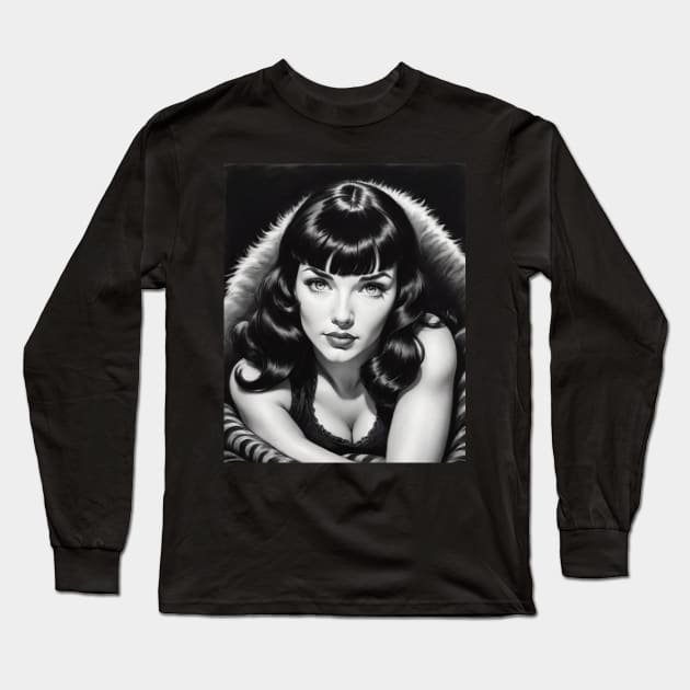 Bettie Page Black and White Portrait Long Sleeve T-Shirt by Absinthe Society 